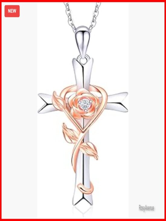 Jewelry - Sterling Silver Cross Rose Pendant Necklace with Birthstone Lobster Clasp